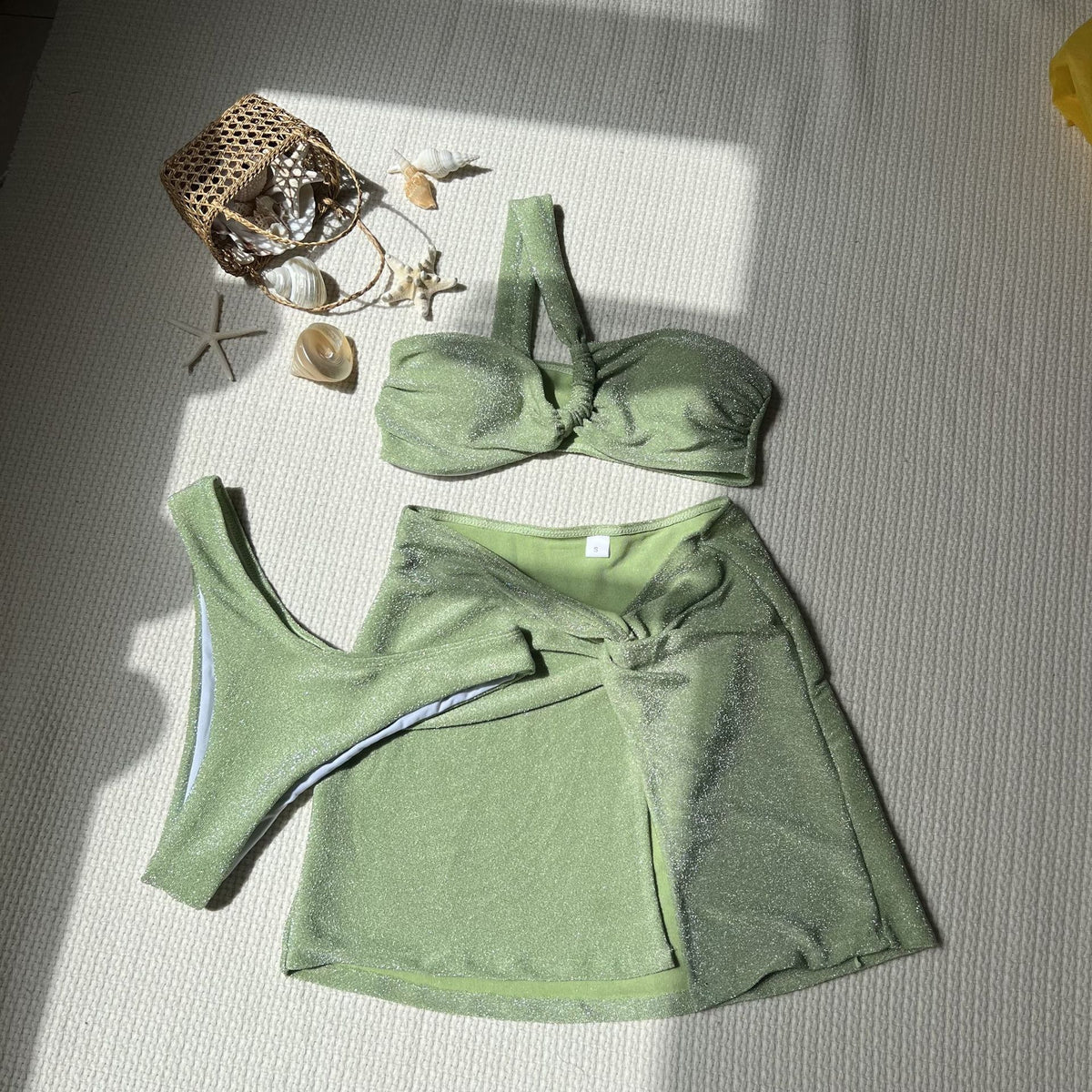 2025 European and American New Pure Color One-Shoulder Tube Top Glossy Cloth Three-Piece Swimsuit Swimsuit Bikini Bikini Export