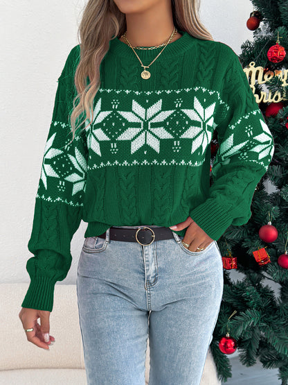 2025 Autumn and Winter European and American Snowflake Pattern Lantern Long Sleeve Pullover Sweater Amazon Cross-Border Women's Clothing Christmas