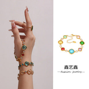 Niche Entry Luxury Zircon Embossed Star Moon Shape Shining Zircon Design Ring Titanium Steel Bracelet Girl's Jewelry