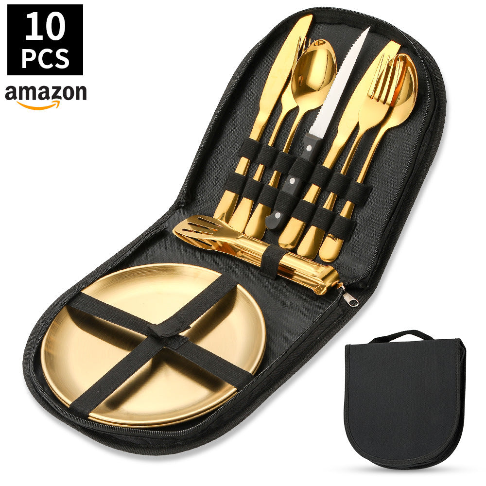 Amazon Outdoor Stainless Steel Tableware Steak Knife and Fork Spoon Barbecue Clip Plate 10-piece Travel Camping Set