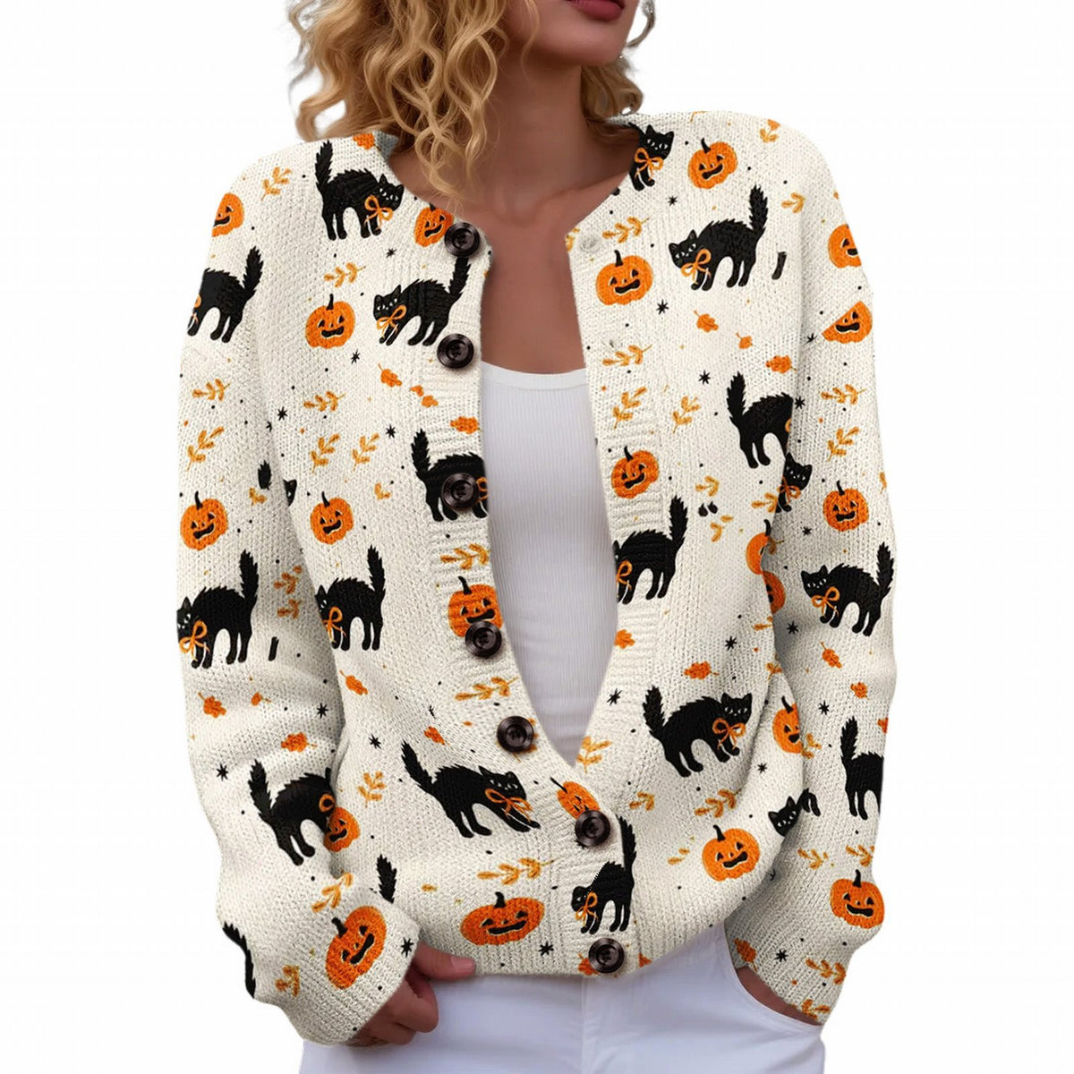 Ll-Yk1 Halloween Cardigan Round Neck Long-Sleeved 3D Printed Sweater European and American Cross-Border Casual Women's Clothing Amazon Theme
