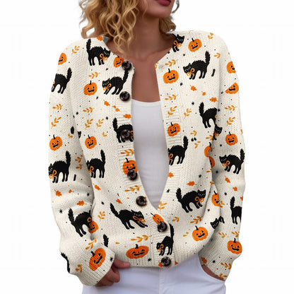 Ll-Yk1 Halloween Cardigan Round Neck Long-Sleeved 3D Printed Sweater European and American Cross-Border Casual Women's Clothing Amazon Theme
