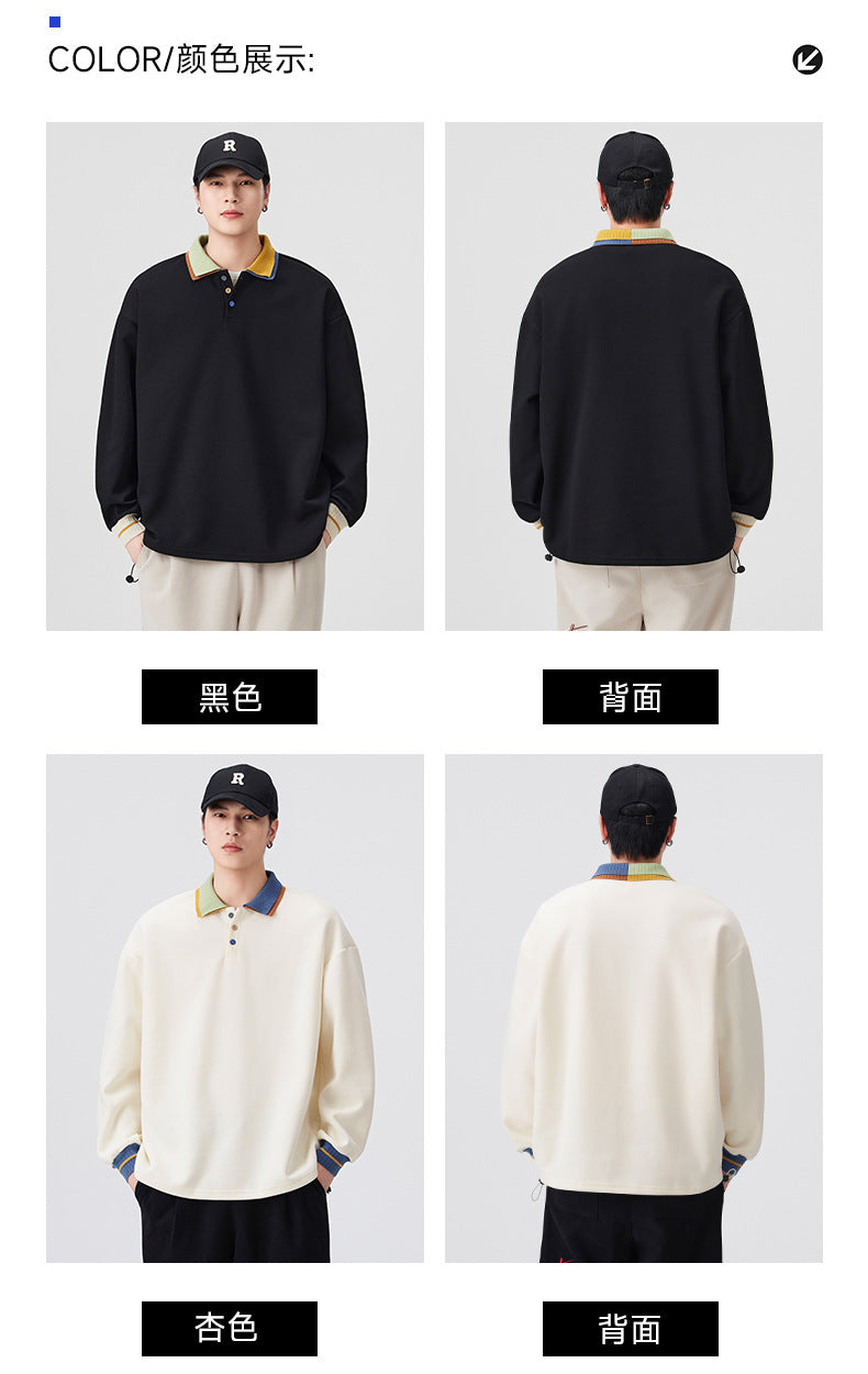 Casual Retro Contrast Color Lapel 280g Sweatshirt High-End Polo Collar Top Trendy Loose Couple Autumn Sweatshirt