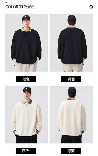 Casual Retro Contrast Color Lapel 280g Sweatshirt High-End Polo Collar Top Trendy Loose Couple Autumn Sweatshirt