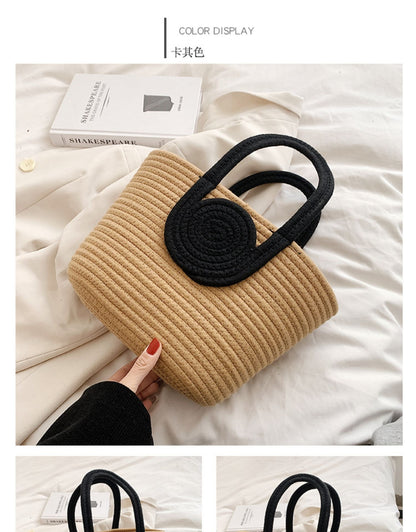 Contrast Cotton Rope Woven Handbag Women's Bag Korean Style Bag New Large Capacity Stylisse Handbag All-match Tote Bag