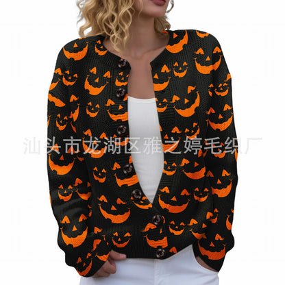 Ll-Yk1 Halloween Cardigan Round Neck Long-Sleeved 3D Printed Sweater European and American Cross-Border Casual Women's Clothing Amazon Theme