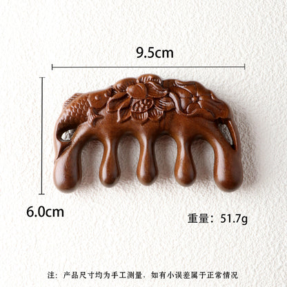 Golden silk sandalwood lotus fish carved massage comb scalp head massage wide tooth comb small comb solid wood comb meridian comb