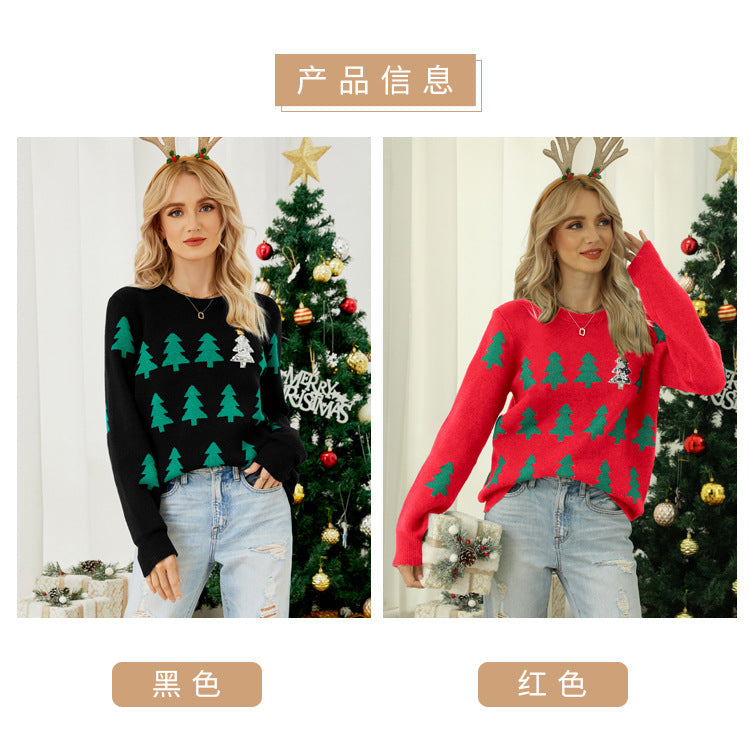 Shein Amazon European and American Clothing Autumn and Winter Pullover Jacquard Christmas Tree Knitwear Long-Sleeved Red Christmas Knitwear