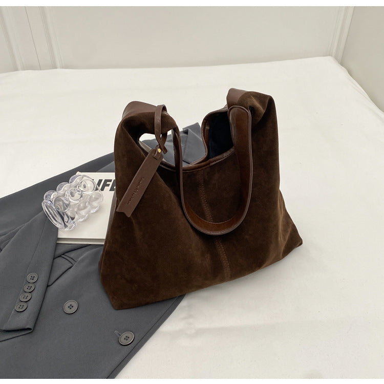 New Suede Shoulder Tote Bag, Fashionable, Simple, Lazy Style, Large Capacity Women's Handbag, Bucket Bag, Mommy Bag