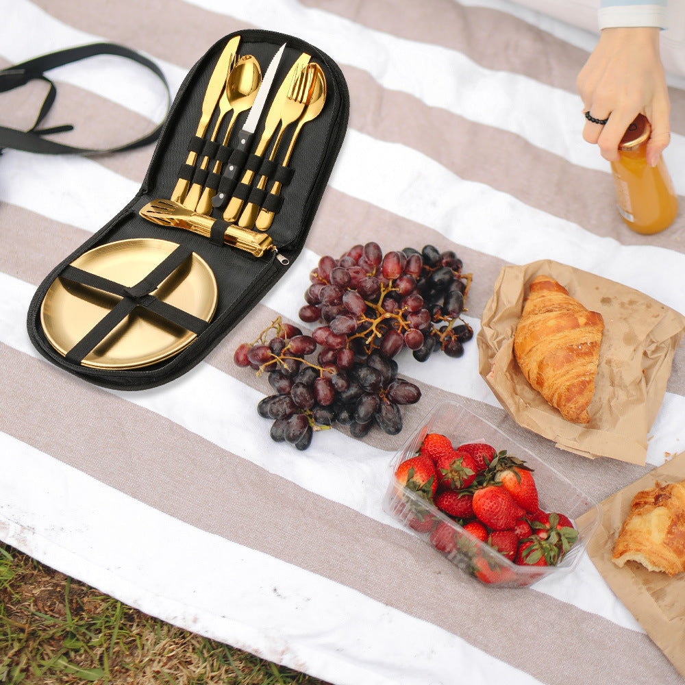 Amazon Outdoor Stainless Steel Tableware Steak Knife and Fork Spoon Barbecue Clip Plate 10-piece Travel Camping Set