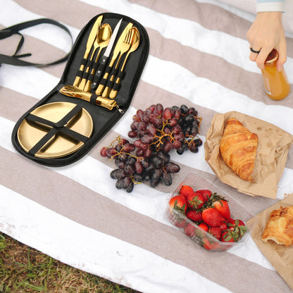 Amazon Outdoor Stainless Steel Tableware Steak Knife and Fork Spoon Barbecue Clip Plate 10-piece Travel Camping Set