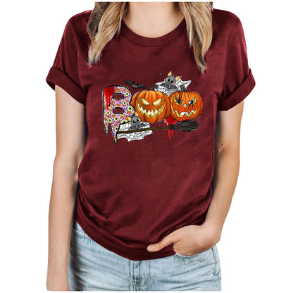 Cartoon Halloween Pumpkin Print Cross-Border Spring and Summer New Spot Multi-Color Cvc Pull-Up 180g Round Neck Short Sleeves