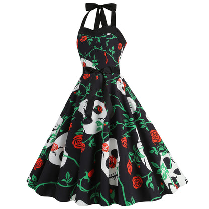 Factory direct supply 2024 Halloween new Hepburn style high waist slim hanging neck large swing long retro dress