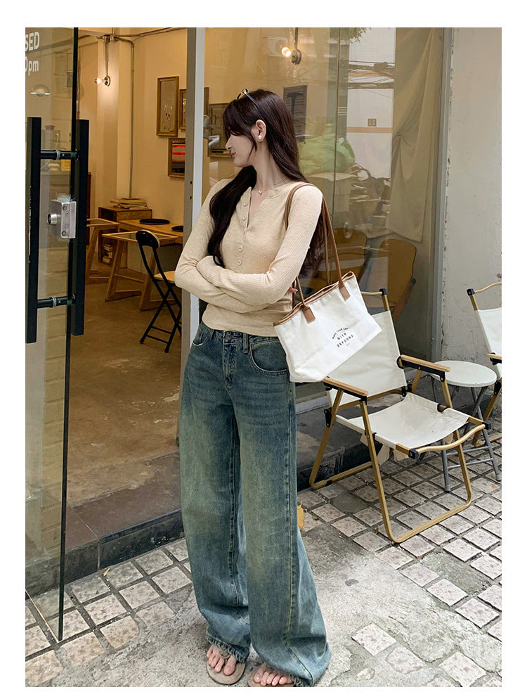European in stock Korean Style Lazy Relaxation Inner Base T-shirt Women's Early Autumn New Style Elegant Slim-fit Half-open Collar