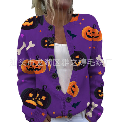 Ll-Yk1 Halloween Cardigan Round Neck Long-Sleeved 3D Printed Sweater European and American Cross-Border Casual Women's Clothing Amazon Theme