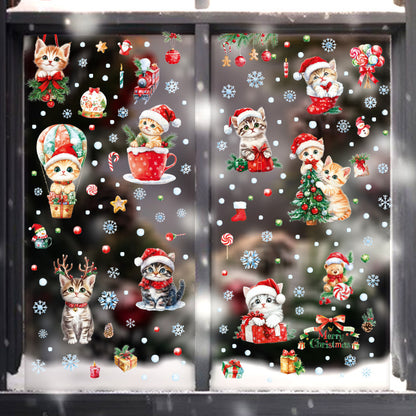Cross-border New Cute Christmas Cat Balloon Gift Snowflake Glass Stickers Christmas Shopping Mall Glass Door Decorative Stickers