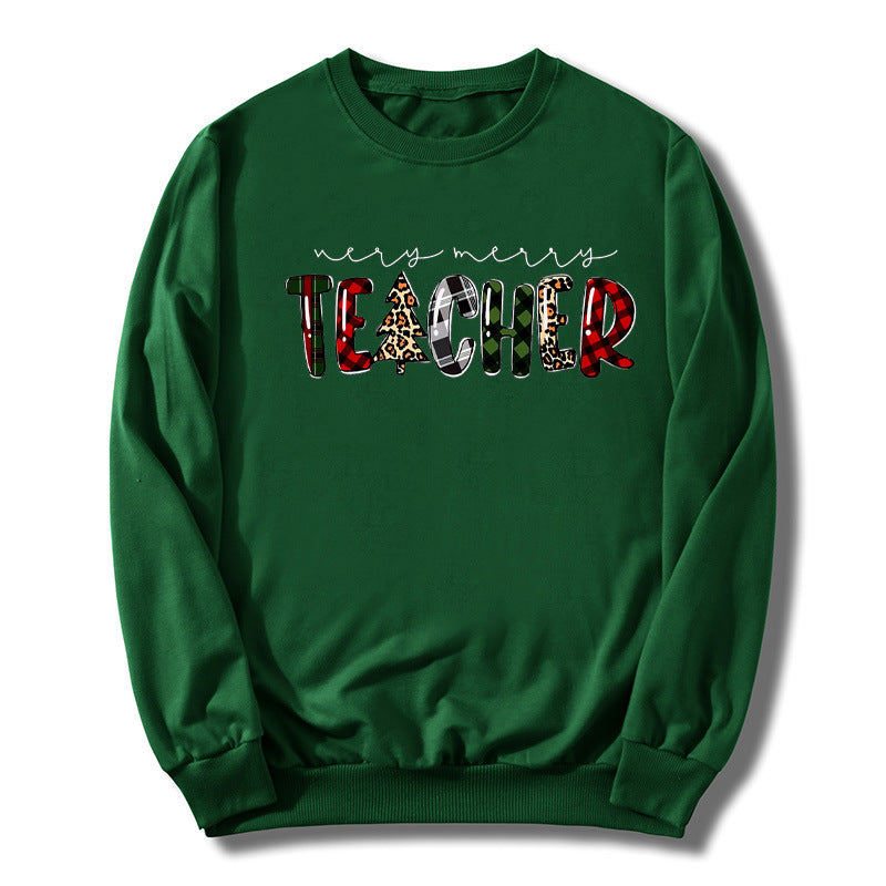Christmas Tree Plaid Letter Teacher Christmas Printed Round Neck Sweat Autumn and Winter European Men's and Women's Top