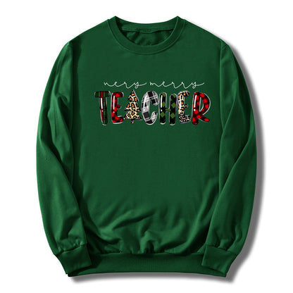 Christmas Tree Plaid Letter Teacher Christmas Printed Round Neck Sweat Autumn and Winter European Men's and Women's Top