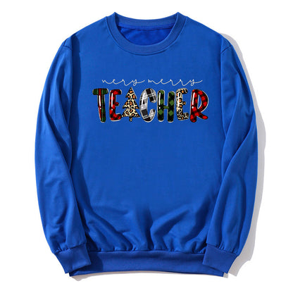 Christmas Tree Plaid Letter Teacher Christmas Printed Round Neck Sweat Autumn and Winter European Men's and Women's Top