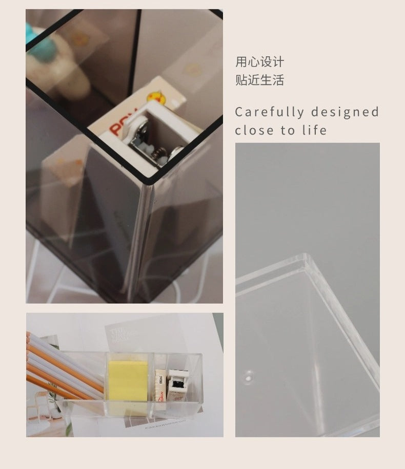 Multi-Grid Pen Holder Storage Box Makeup Brush Storage Tube Nordic Style Student Desktop Transparent Simple Style Solid Color Pen Holder