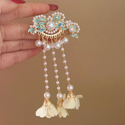 Antique Style Burned Blue Cloud Pearl Hairpin New Chinese Tassel Side Clip Advanced Sense Clip Hair Accessories Headwear Hair Clip
