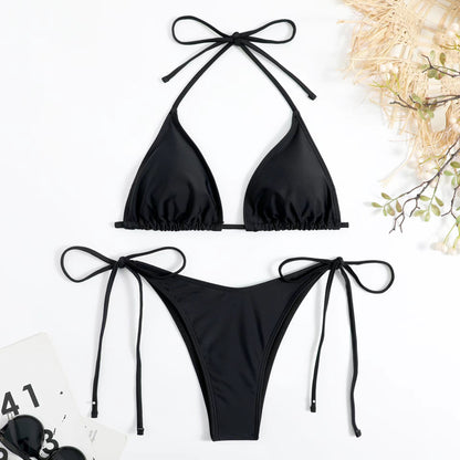 European and American Solid Color Split Swimsuit Women's Sexy Bikini Cross-border Hot Tight Gather Deep V High-end Swimsuit Women