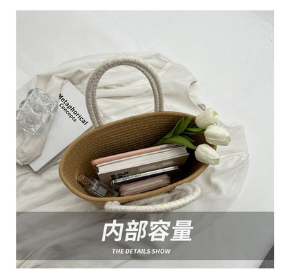 Contrast Cotton Rope Woven Handbag Women's Bag Korean Style Bag New Large Capacity Stylisse Handbag All-match Tote Bag