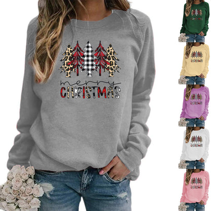 Leopard Red Plaid Christmas Tree Merry Christmas Print Round Neck European and American Women's Autumn and Winter Sweat