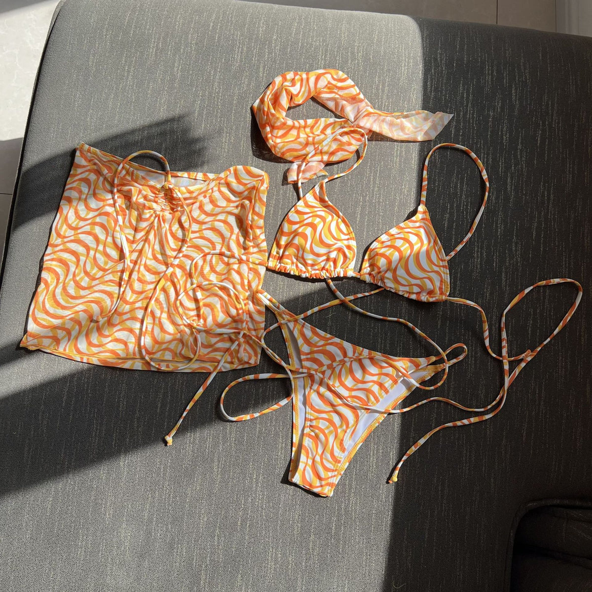 2025 European and American New Drawstring Straps Sexy Three-Piece Swimsuit Bikini Bikini with Veil Cross-Border