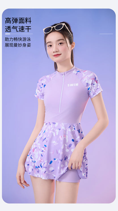 New Small Floral Swimsuit Seaside Beach Holiday One-piece Swim Skirt Split Safety Trunks Swimsuit with Chest Pad suit