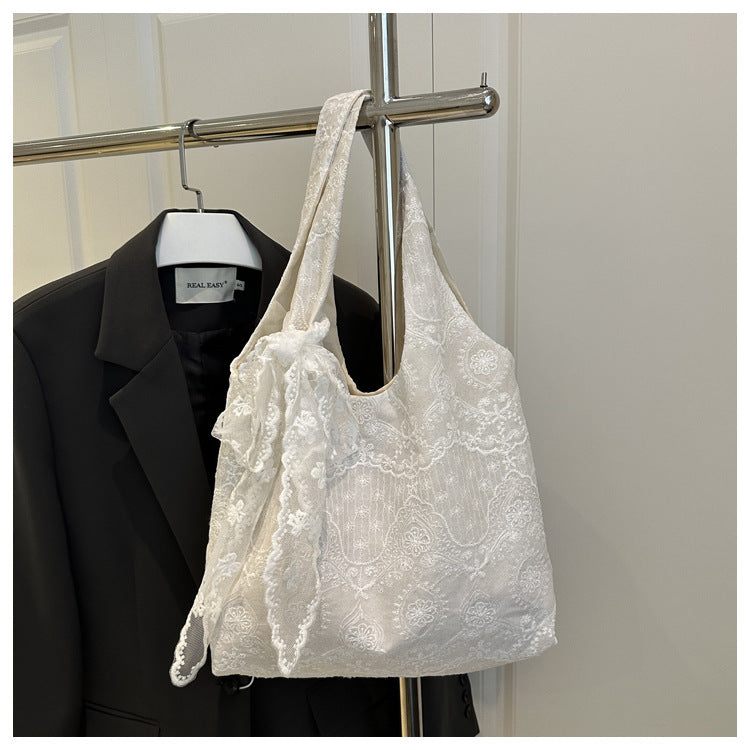 Korean Style Small Fresh Lace Flower Canvas Bag 2025 New Large Capacity Commuter Lazy Style Single Shoulder Large Tote Bag