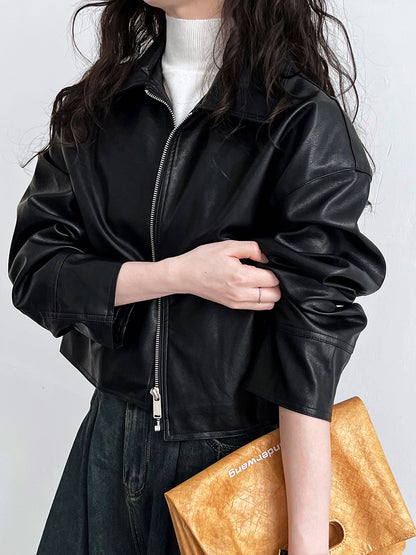 cool handsome high sense ~ lapel leather coat women's spring and autumn Hong Kong style PU leather jacket motorcycle top trendy 9595