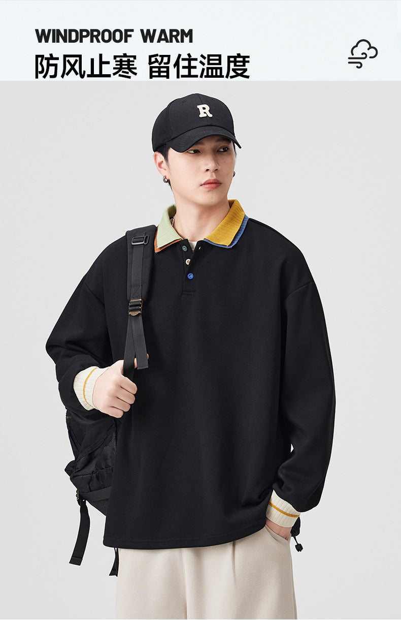 Casual Retro Contrast Color Lapel 280g Sweatshirt High-End Polo Collar Top Trendy Loose Couple Autumn Sweatshirt