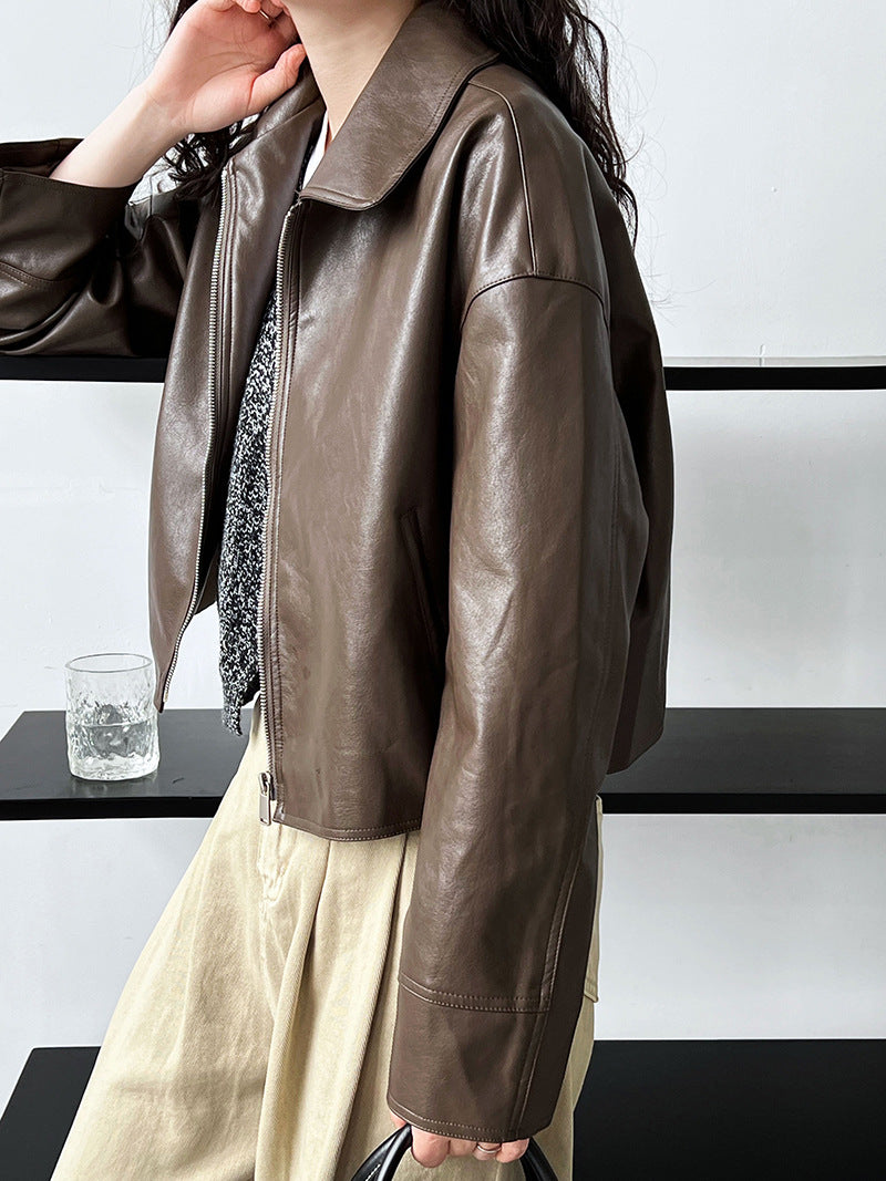cool handsome high sense ~ lapel leather coat women's spring and autumn Hong Kong style PU leather jacket motorcycle top trendy 9595