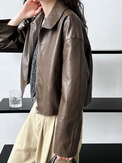 cool handsome high sense ~ lapel leather coat women's spring and autumn Hong Kong style PU leather jacket motorcycle top trendy 9595