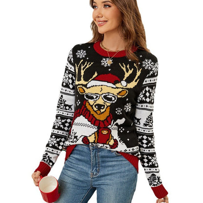 Cross-Border Export Women's Christmas Elk Jacquard Knitted Sweater Top 2025 Autumn and Winter New Pullover Christmas Sweater