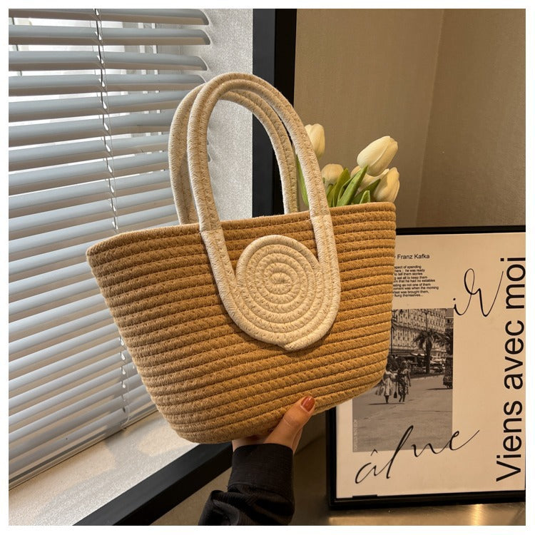 Contrast Cotton Rope Woven Handbag Women's Bag Korean Style Bag New Large Capacity Stylisse Handbag All-match Tote Bag