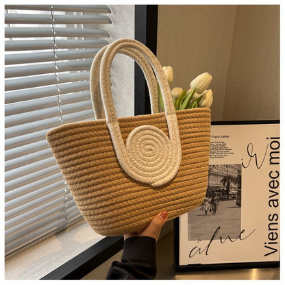Contrast Cotton Rope Woven Handbag Women's Bag Korean Style Bag New Large Capacity Stylisse Handbag All-match Tote Bag