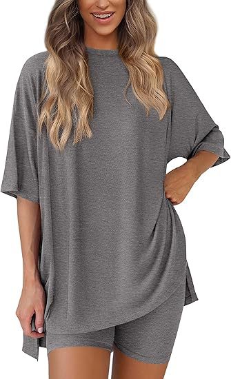 Cross-border foreign trade Amazon 2025 new women's casual round neck split loose shorts short sleeve home clothes suit