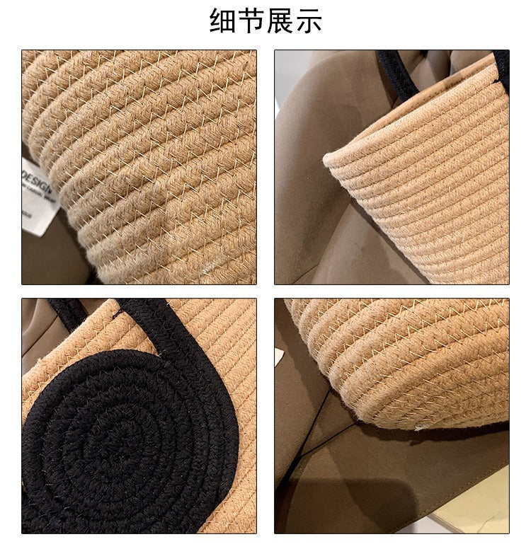 Contrast Cotton Rope Woven Handbag Women's Bag Korean Style Bag New Large Capacity Stylisse Handbag All-match Tote Bag