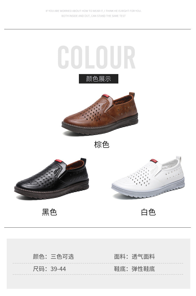 Hollow-Out Leather Shoes for Men, Summer Breathable Soft Leather Low-Top Business Casual Versatile Slip-On Perforated Dad Shoes