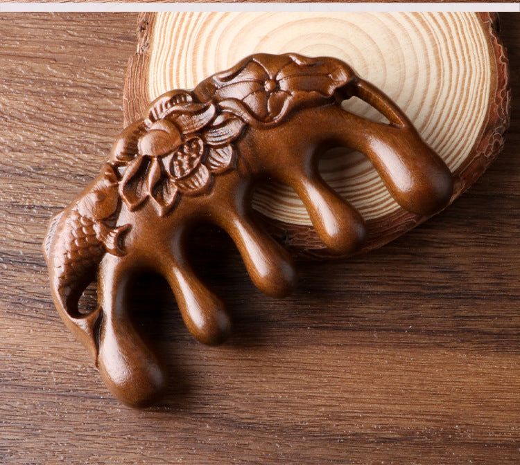 Golden silk sandalwood lotus fish carved massage comb scalp head massage wide tooth comb small comb solid wood comb meridian comb