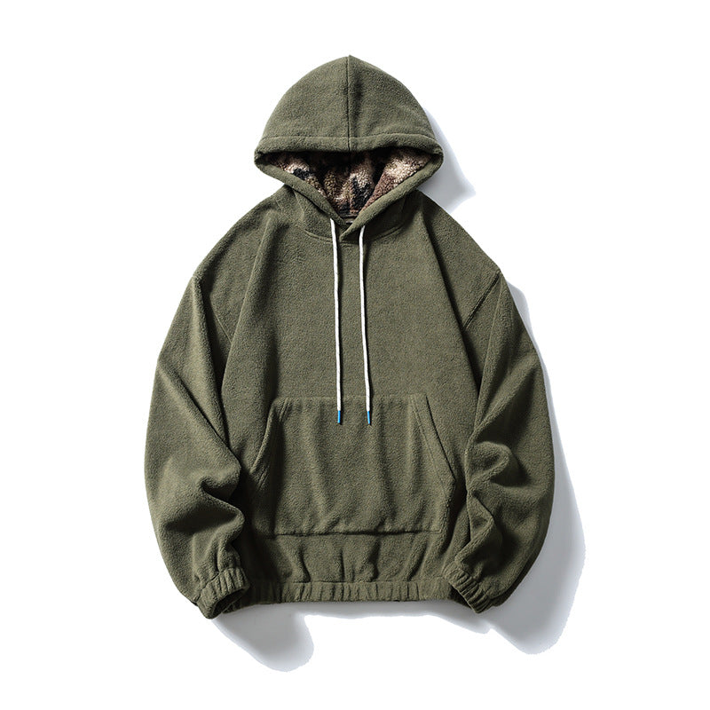 Black Fleet American Casual Style Unisex Versatile Hooded Warm Top Couple Style Hiking Fleece Solid Color Sweatshirt
