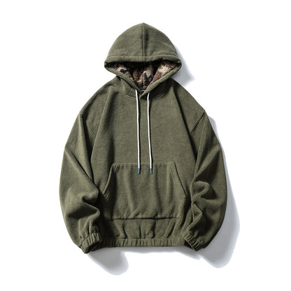 Black Fleet American Casual Style Unisex Versatile Hooded Warm Top Couple Style Hiking Fleece Solid Color Sweatshirt