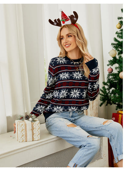 2023 Amazon European and American Crewneck Christmas Red Knitted Shirt Christmas Long Sleeve Little Snowflake Christmas Sweater