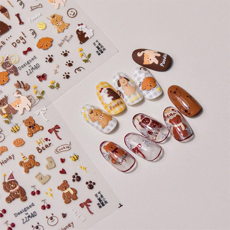 Cute Puppy Bear Nail Art Sticker Tomoni Embossed Adhesive 5D Cute Pet Nail Sticker Nail Art Decoration