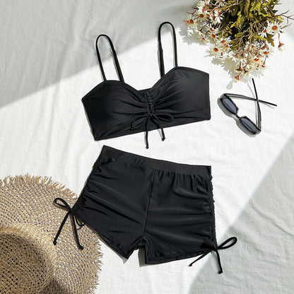 2025 European and American New Pure Color Split Conservative Boxer Briefs Chest Mid-Pants Side Drawstring Swimsuit Swimsuit Cross-Border Temu