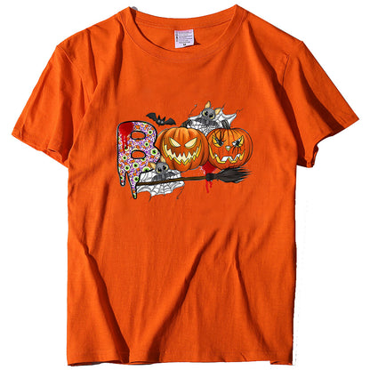 Cartoon Halloween Pumpkin Print Cross-Border Spring and Summer New Spot Multi-Color Cvc Pull-Up 180g Round Neck Short Sleeves