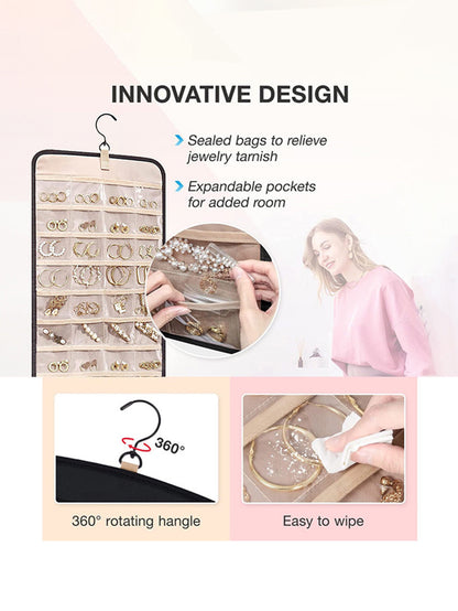 Hanging Jewelry Storage Bag Double-Sided Foldableable with Metal Hook Pvc Anti-Oxidation Suitable for Earrings, Necklaces and Rings