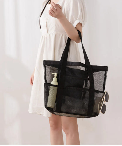 Korean Mesh Beach Bag Large Capacity Swimming Fitness Bag Travel Portable Storage Bag Multi-Pocket Swimsuit Storage Bag